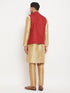 Vastramay Men's Maroon Matka Silk Nehru Jacket With Rose Gold Silk Blend Kurta and Pant style Pyjama Set